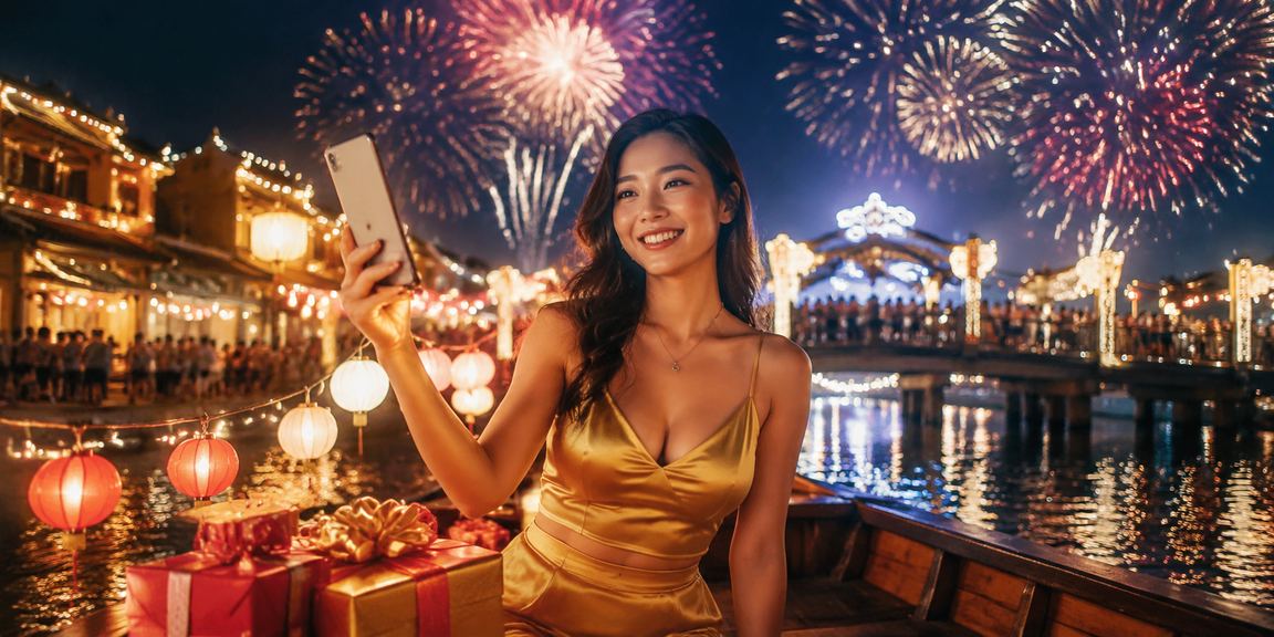 Người dùng Hội An xem kèo cá cược qua điện thoại tại chợ đêm náo nhiệt