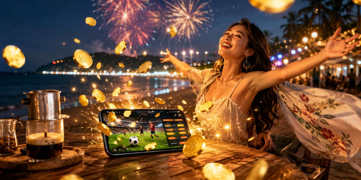 Buổi sáng cà phê tại Vũng Tàu và người dùng kiểm tra bảng giải thưởng cá cược thể thao